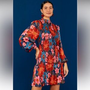 NWT FARM Rio Navy Garden Smocked Mini Dress Size L